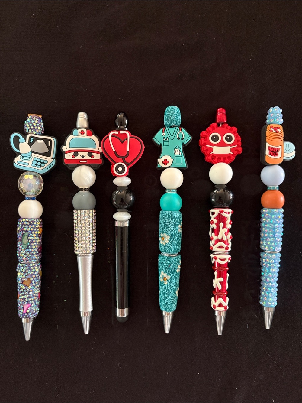 Cute Decorative Beaded Pens - Blue, Black, and Silver Accents Set of 6